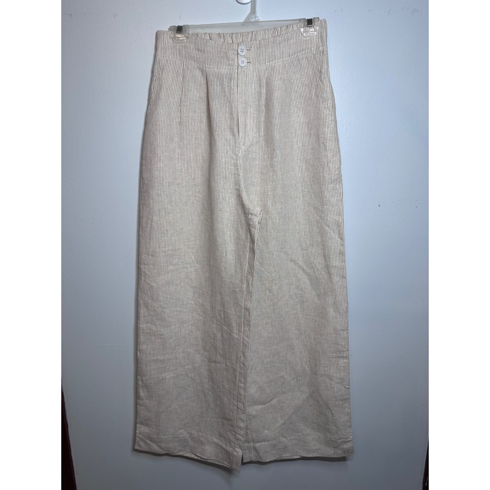 Olivaceous Womens Beige Pinstripe 100% Linen Wide Leg Pants High Rise Small